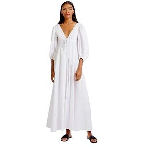NWT STAUD Amaretti Dress Plunge Neck Bishop Sleeve Gown Maxi Dress White M